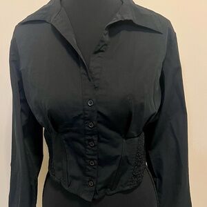 It’s Black Corset Style Button Front Blouse Medium Smocked Waist Long Sleeve